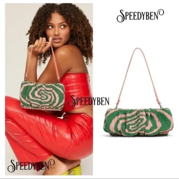STAUD Beaded Bean Emerald Quartz Acid Swirl Clutch Mini Bag - Picture 4 of 16